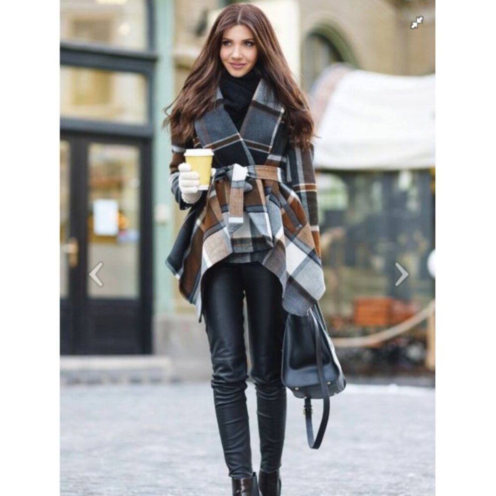 Chicwish Prairie Check Rabato Wrap Coat - XS